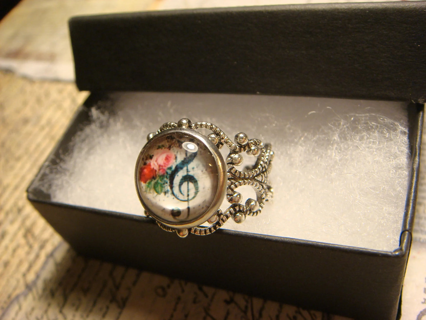 Floral Treble Clef Image Filigree Ring in Antique Silver - Adjustable
