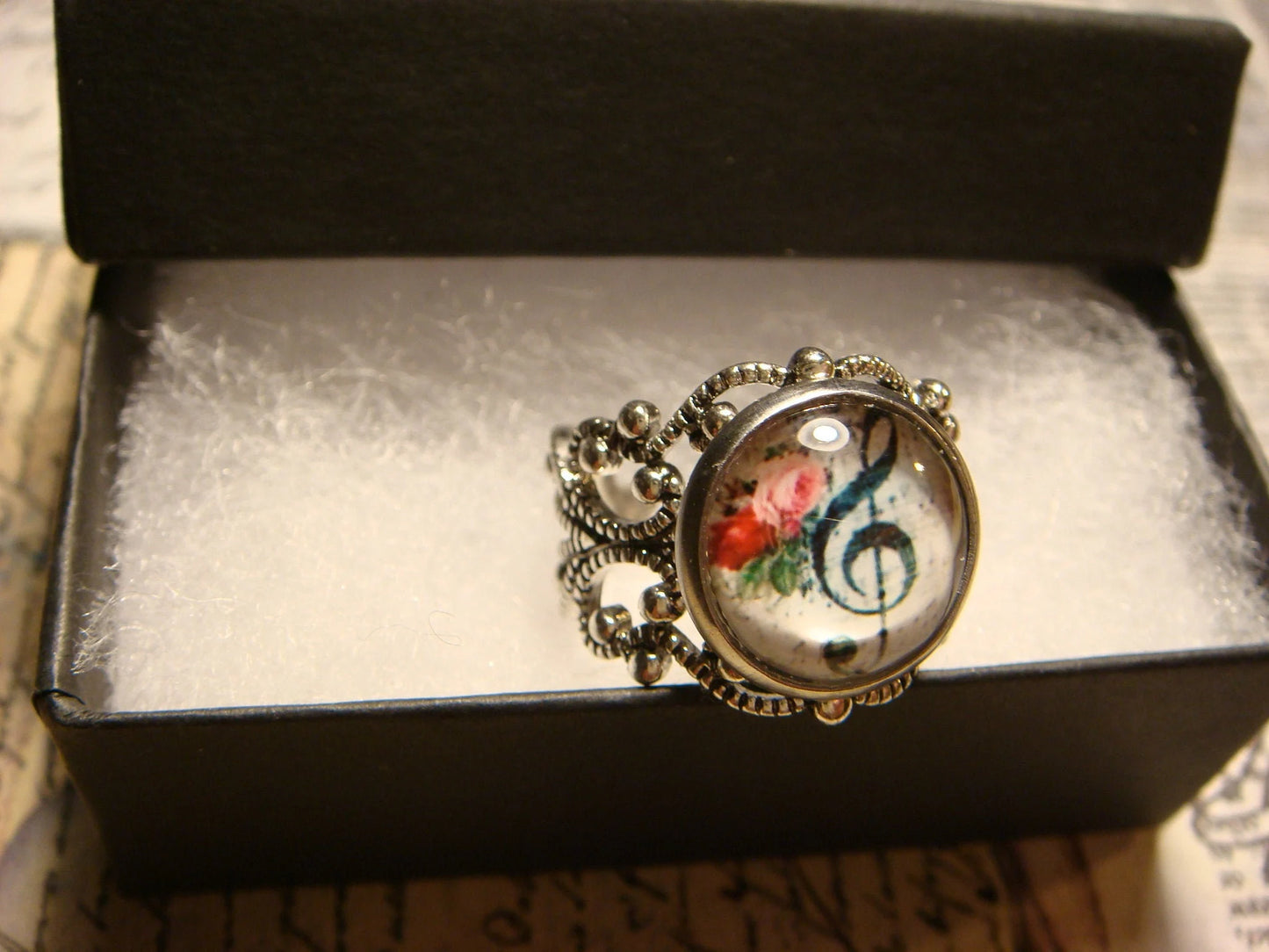 Floral Treble Clef Image Filigree Ring in Antique Silver - Adjustable