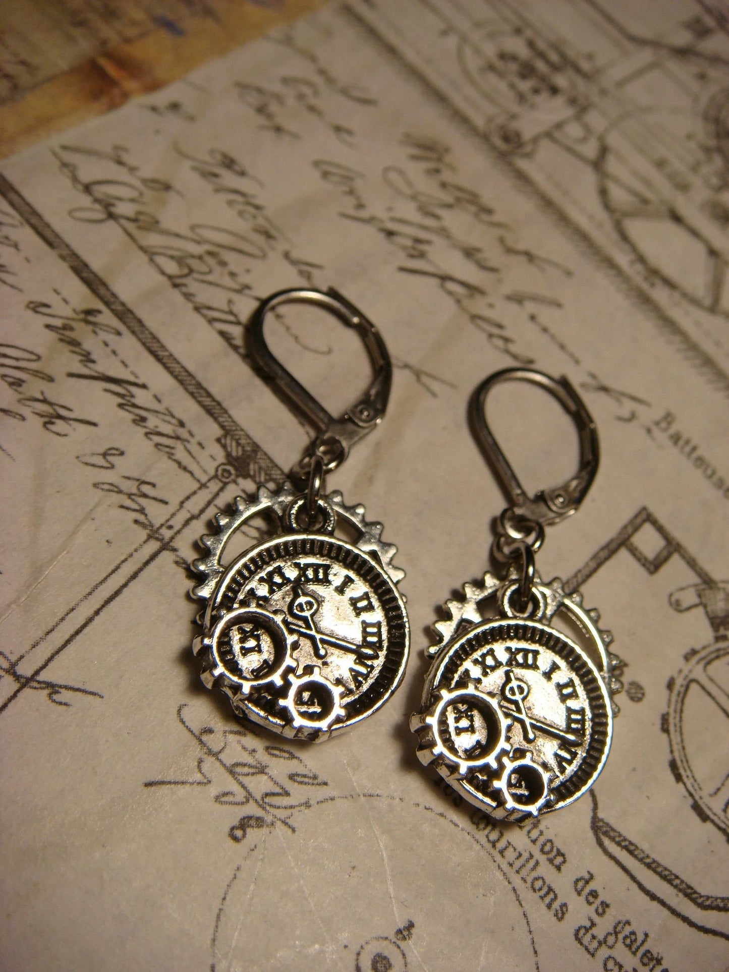 Pocket Watch and Gear Dangle Earrings in Antique Silver