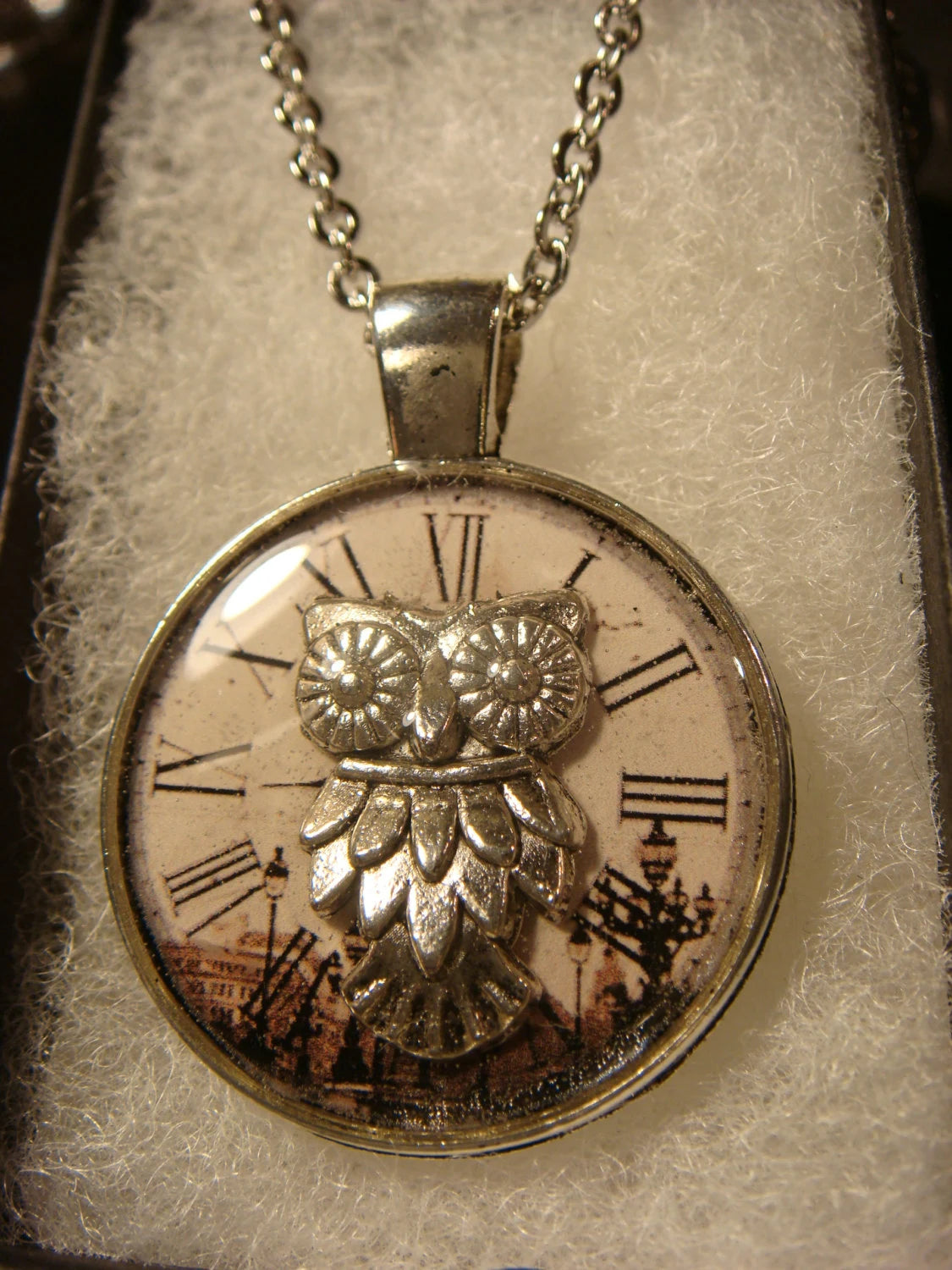 Owl over Victorian Clock Pendant Necklace