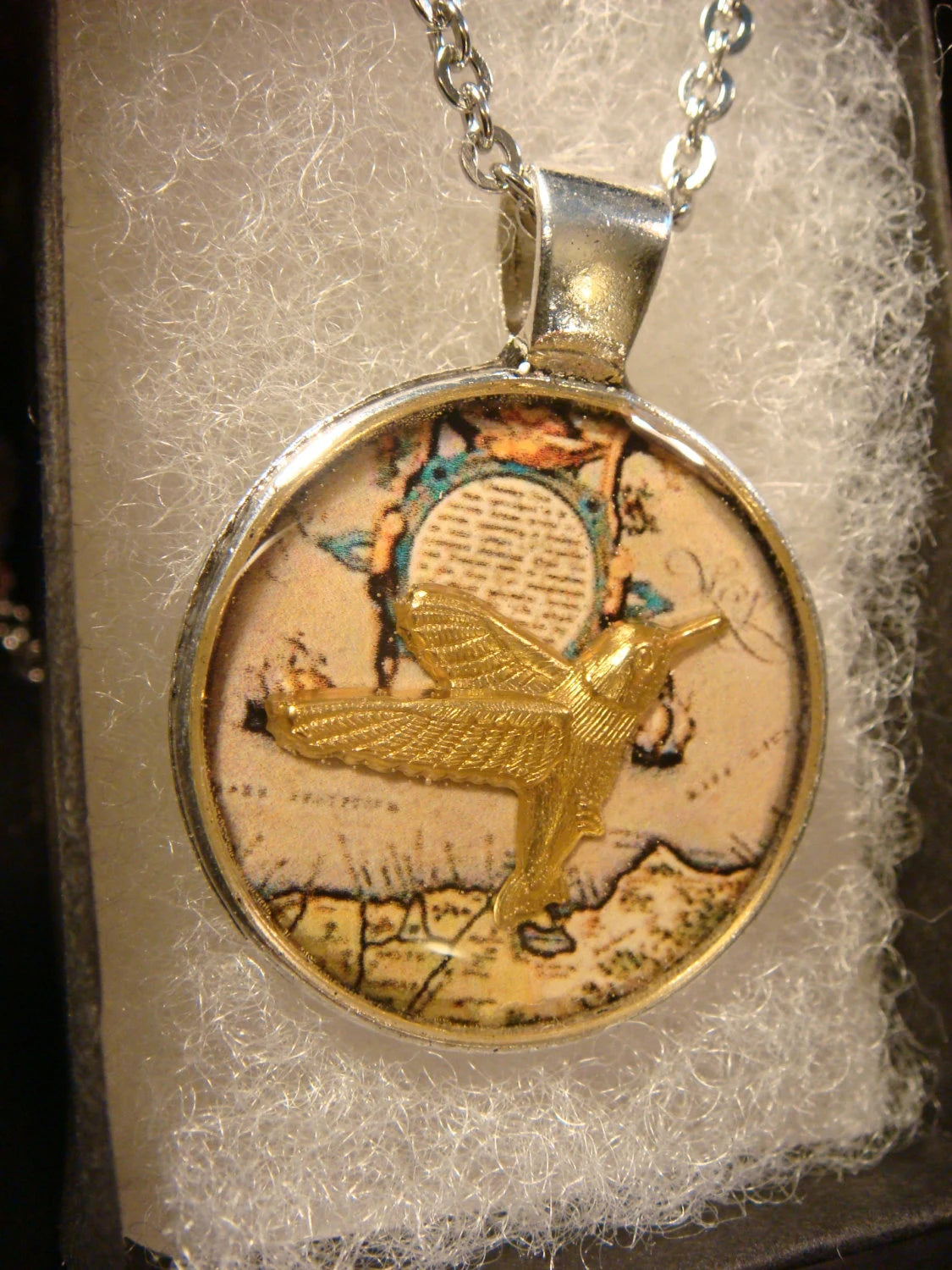Hummingbird over Map Pendant Necklace