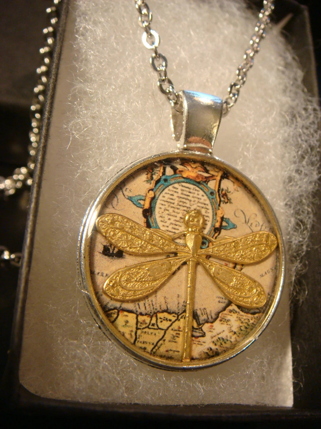 Dragonfly over Map Pendant Necklace