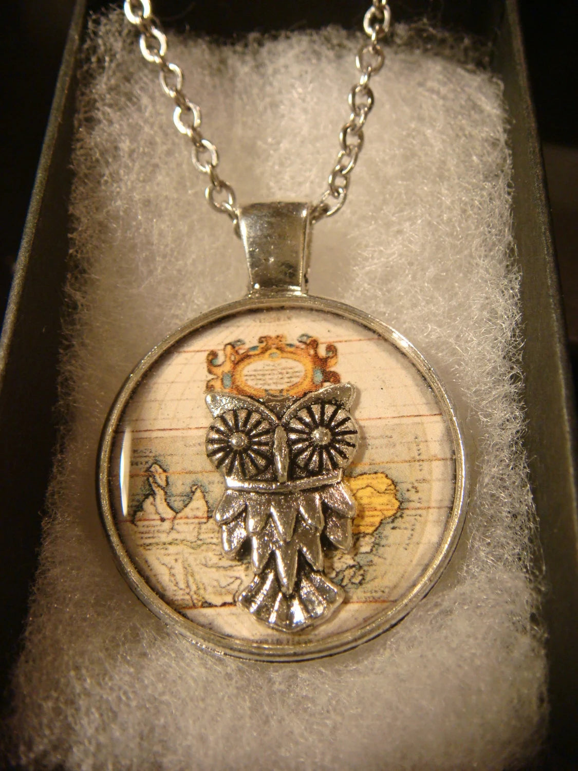 Owl over Map Pendant Necklace