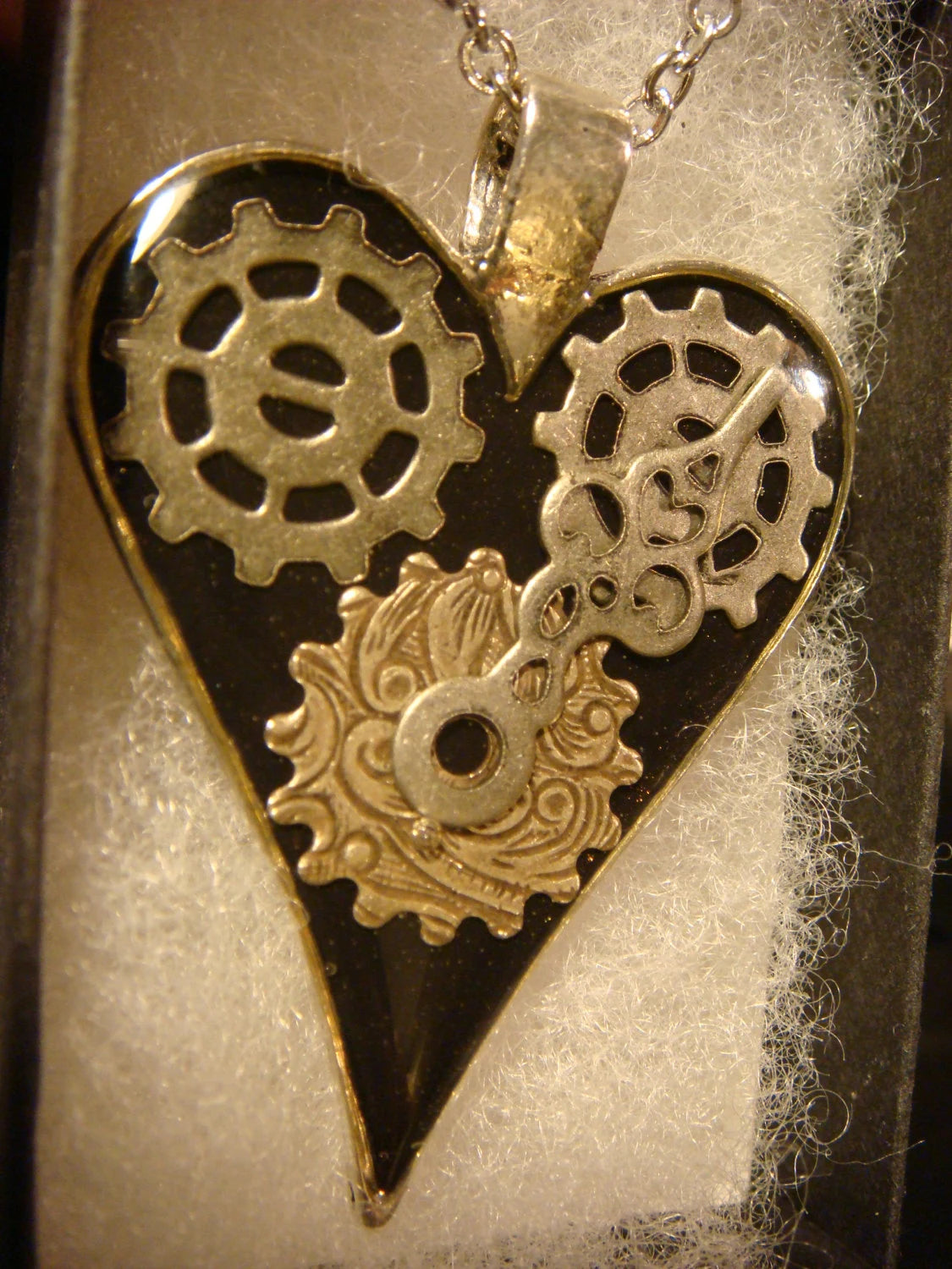 Black Heart with Gears and Hands Necklace