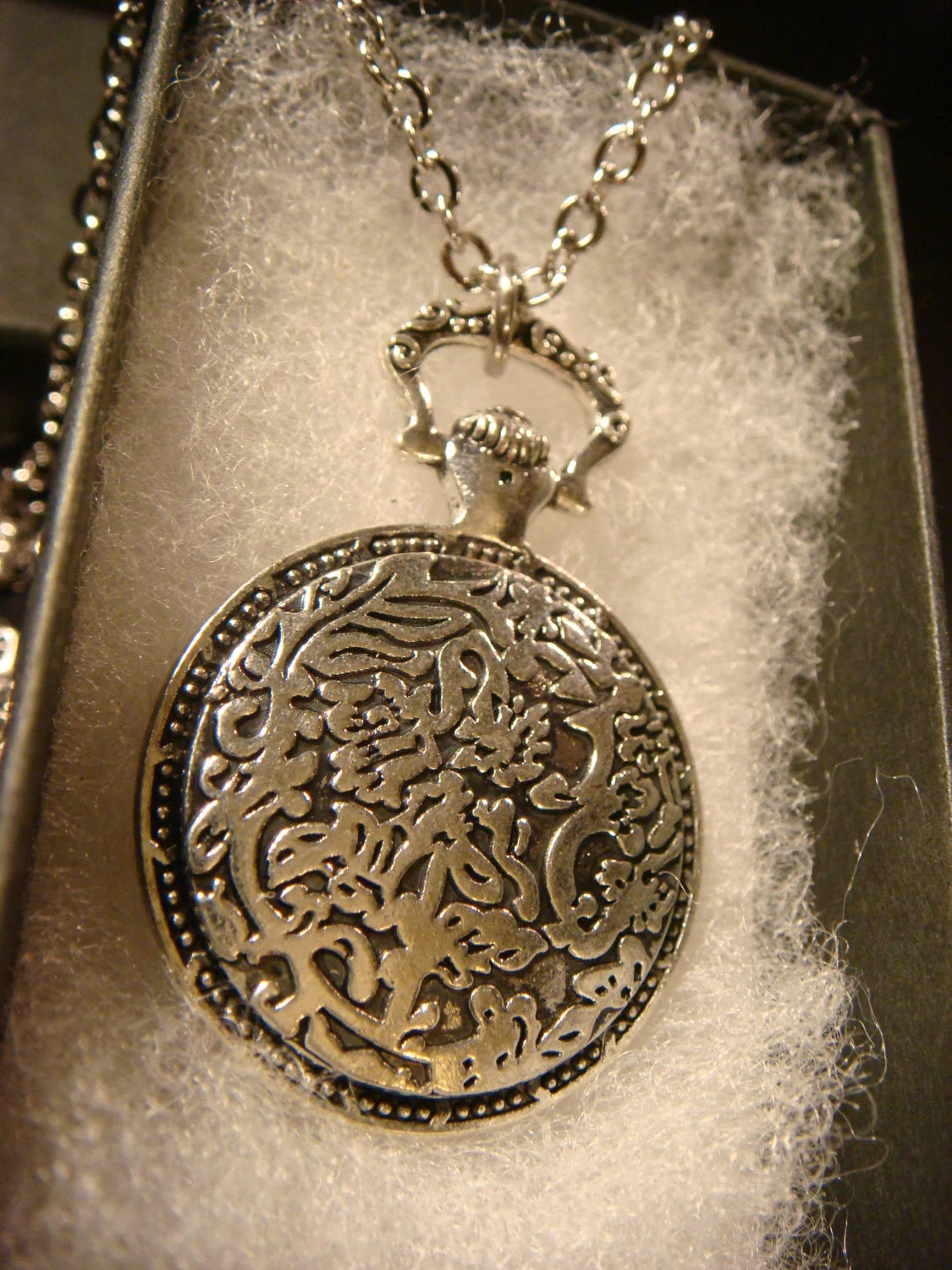 Cat over Clock Pocket Watch Pendant Necklace