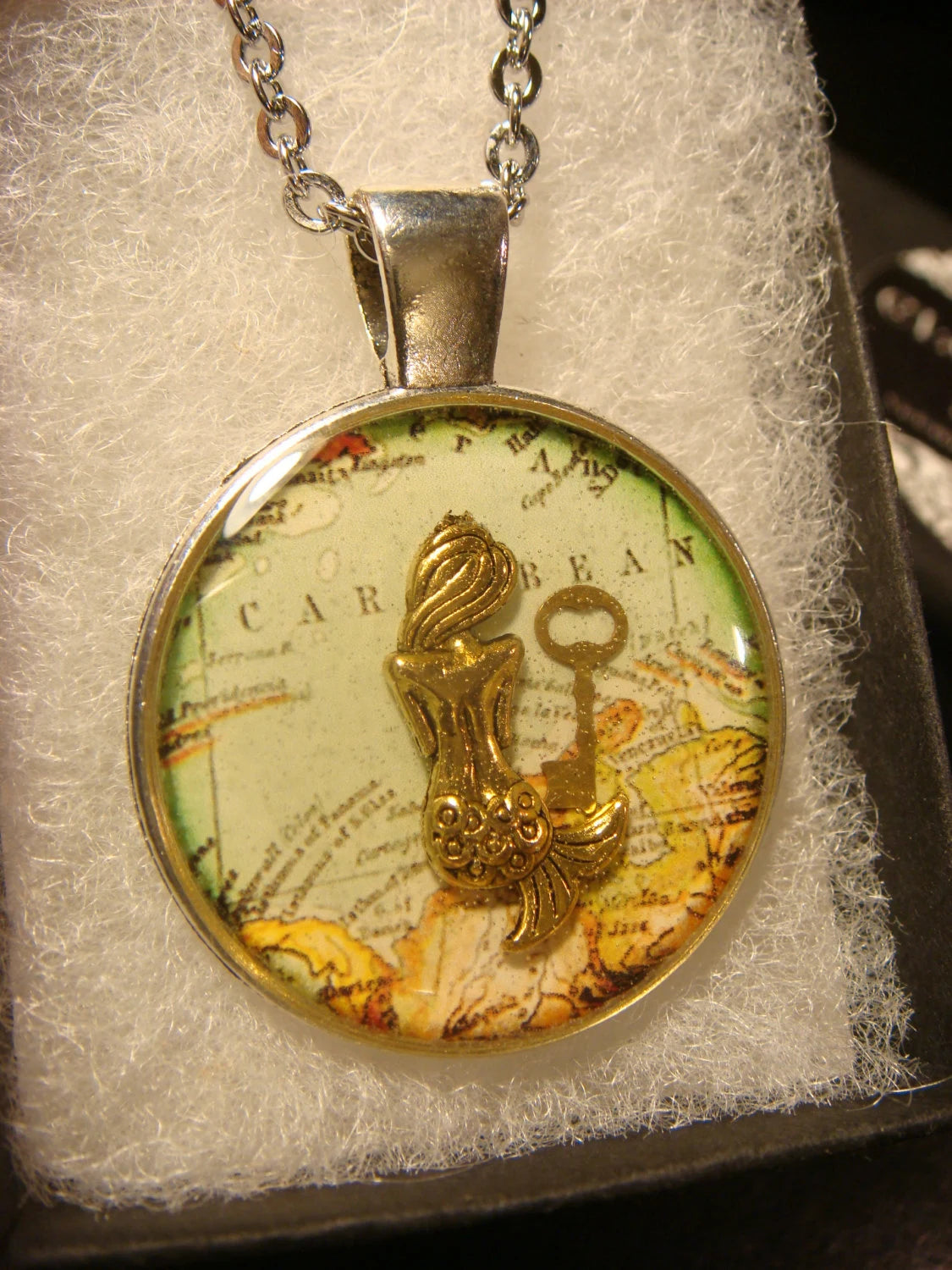 Mermaid and Key over Map Pendant Necklace