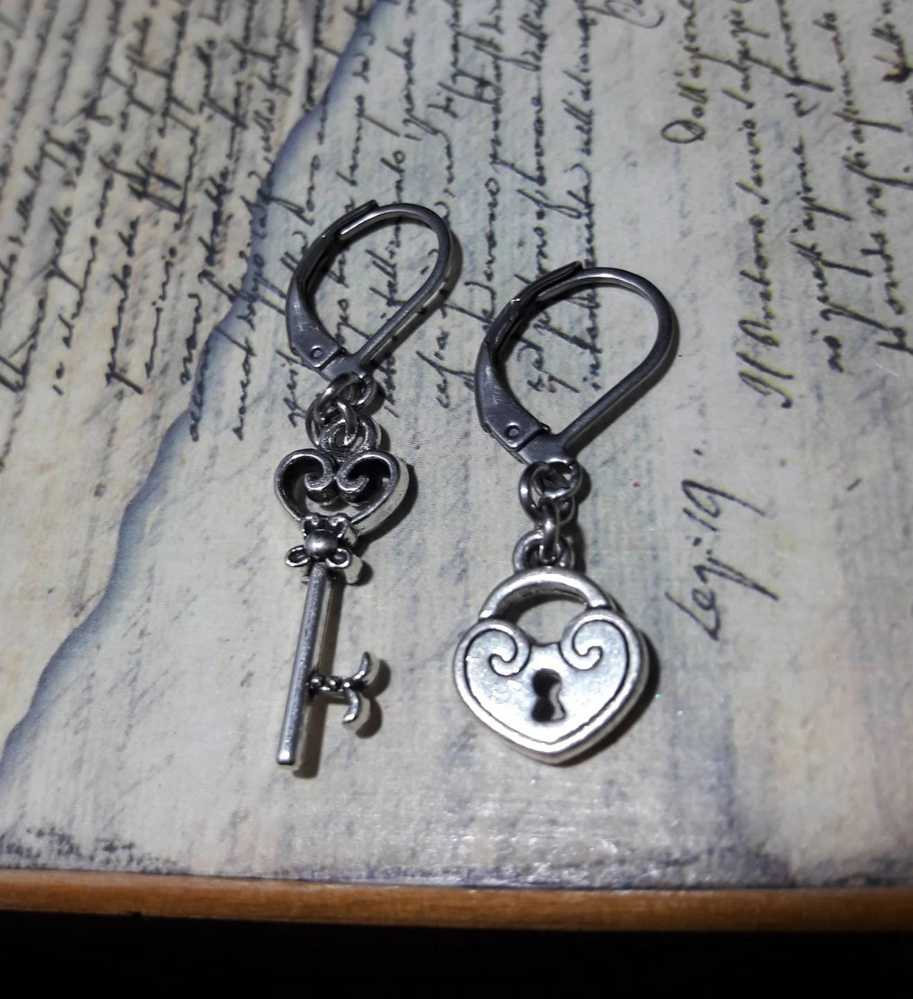 Key and Heart Lock Earrings in Antique Silver