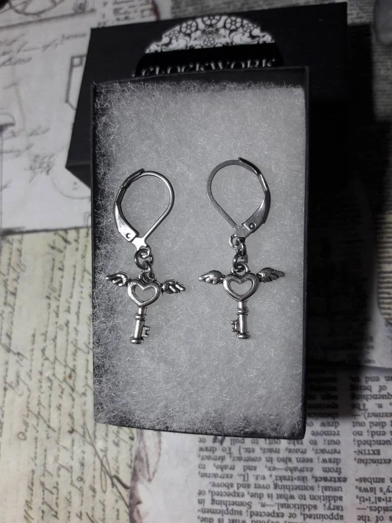 Winged Heart Key Dangle Earrings in Antique Silver