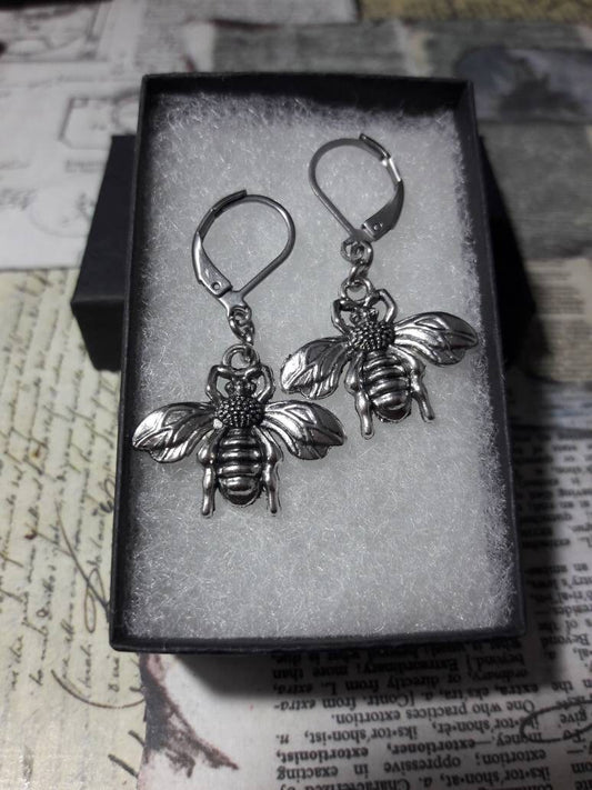 Bee Dangle Earrings in Antique Silver