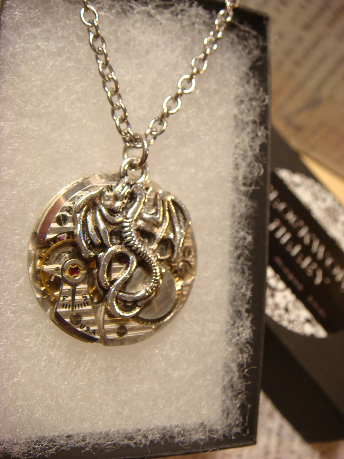 Steampunk Dragon Watch Movement Necklace with Exposed Gears