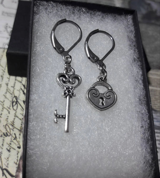 Key and Heart Lock Earrings in Antique Silver