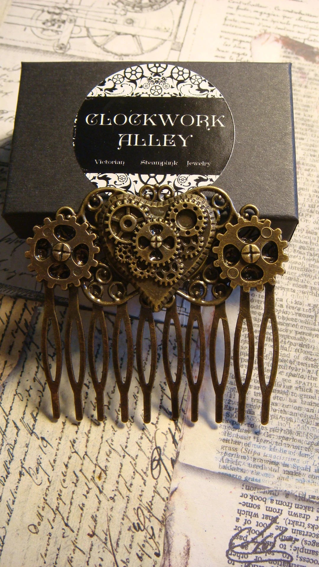 Steampunk Gears Heart Hair Comb in Antique Bronze
