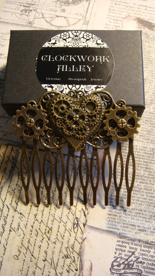 Steampunk Gears Heart Hair Comb in Antique Bronze