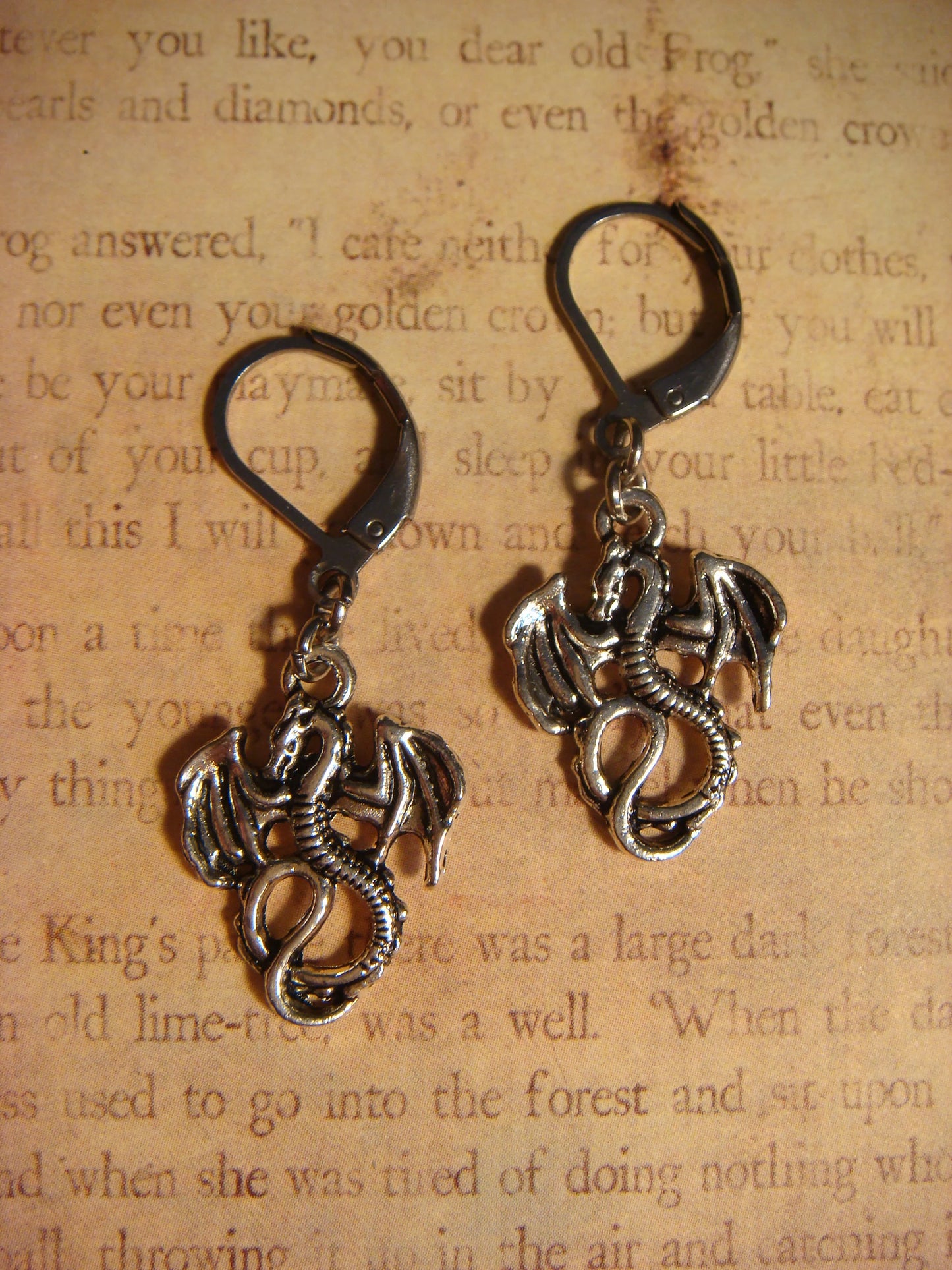 Dragon Dangle Earrings in Antique Silver