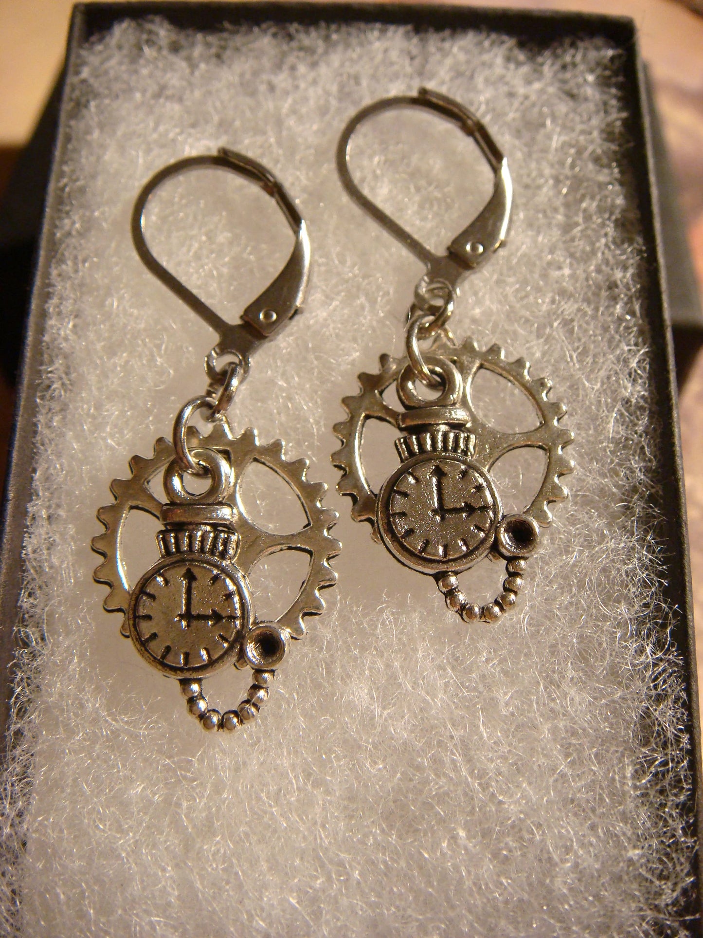 Pocket Watch and Gear Dangle Earrings in Antique Silver