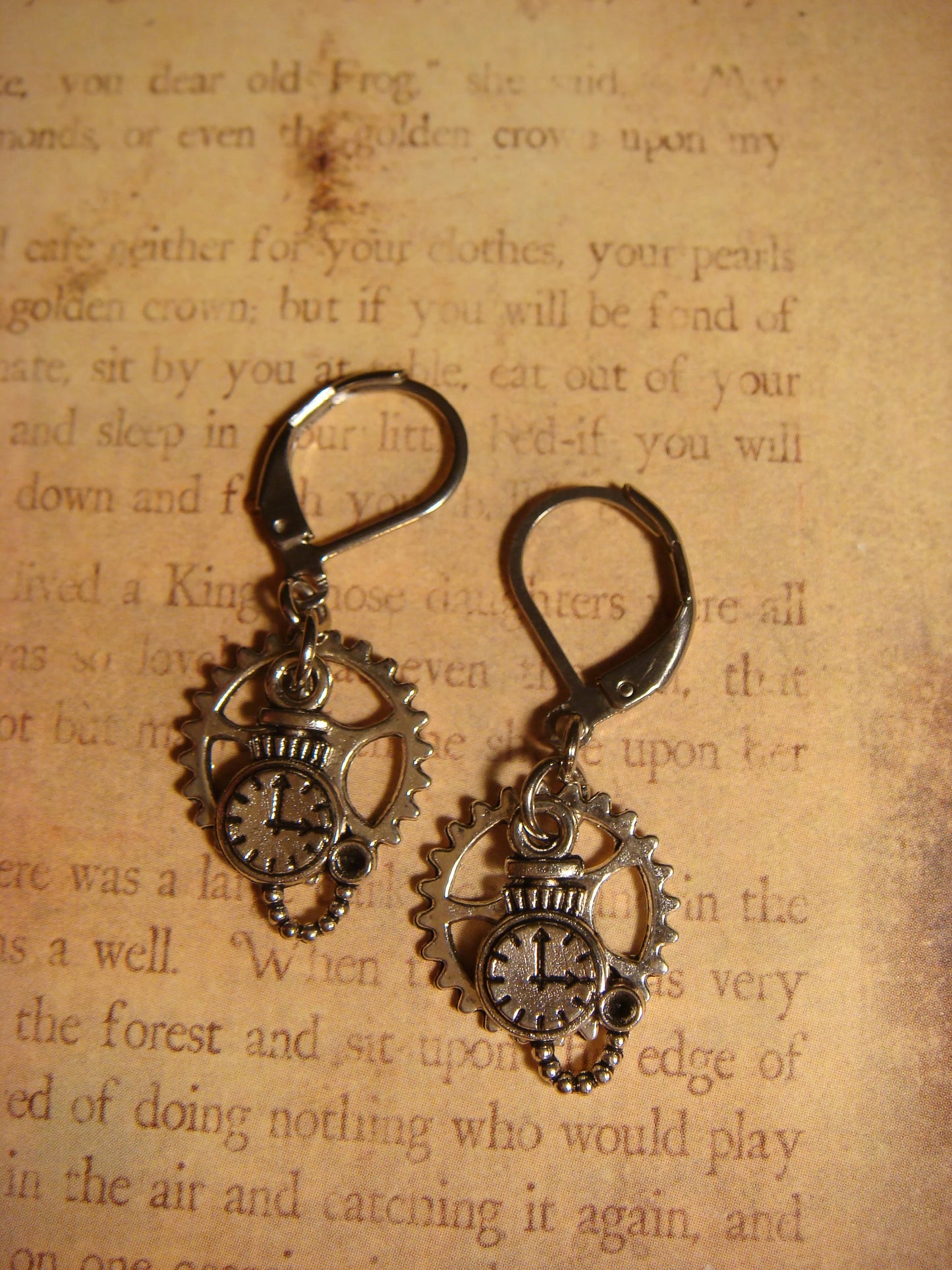 Pocket Watch and Gear Dangle Earrings in Antique Silver