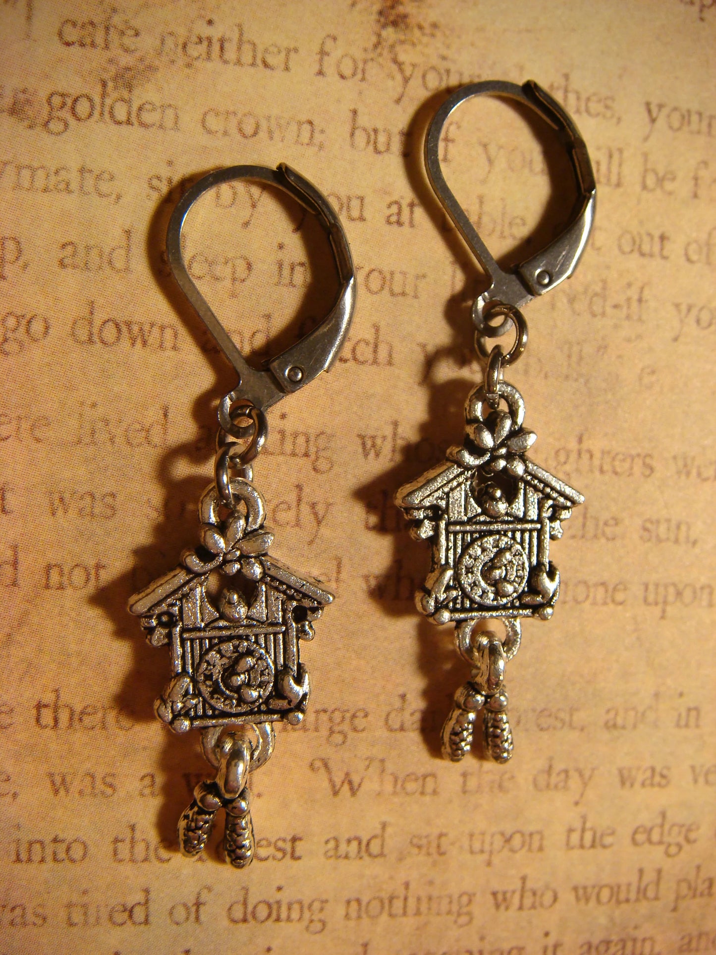 Cuckoo Clock Dangle Earrings in Antique Silver