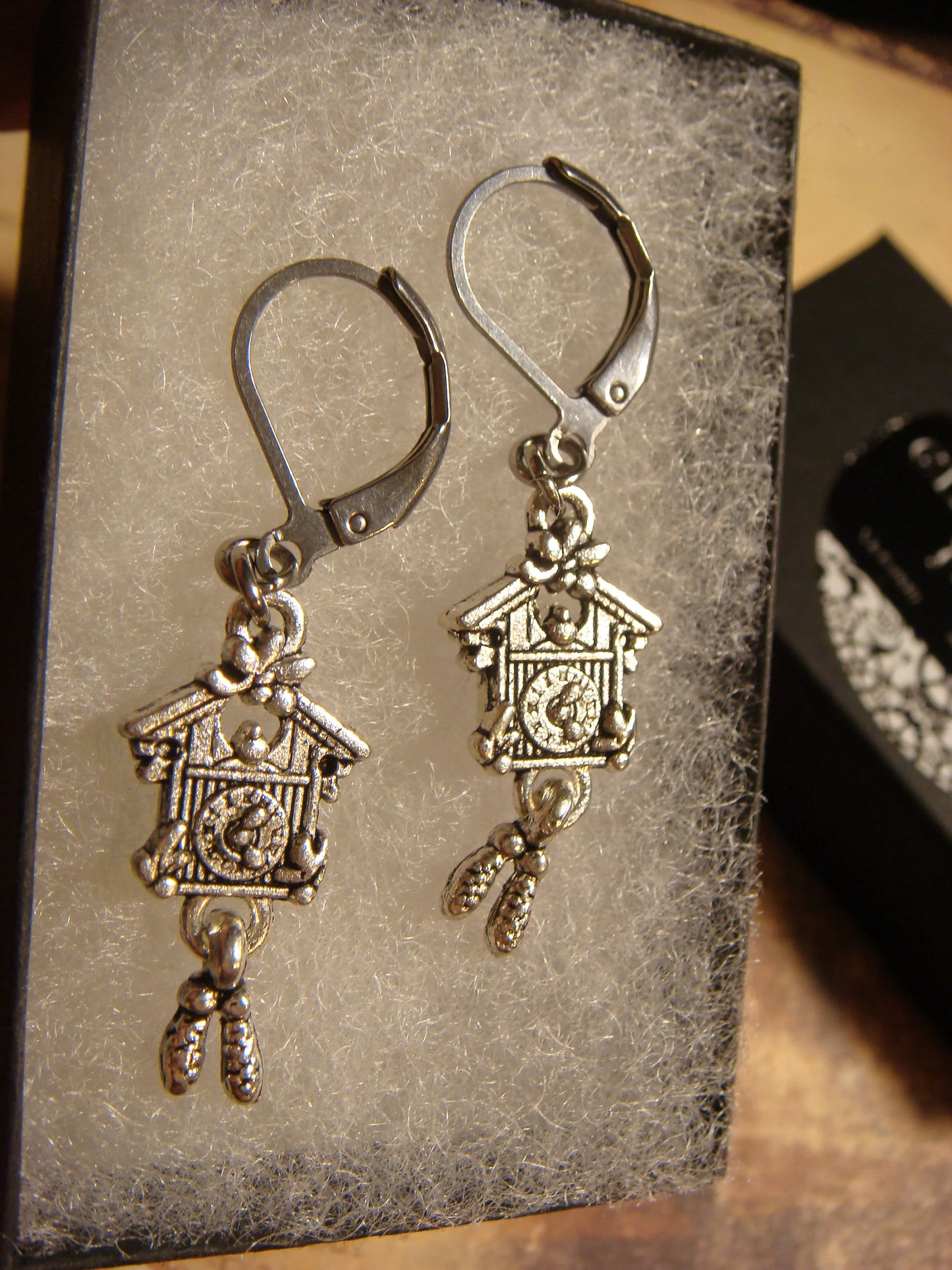 Cuckoo Clock Dangle Earrings in Antique Silver