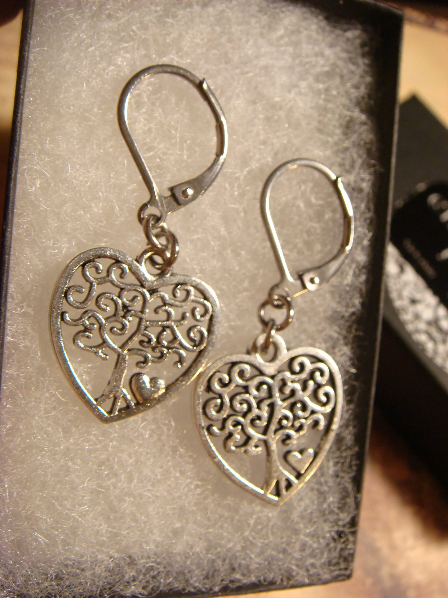 Tree of Life Heart Dangle Earrings in Antique Silver