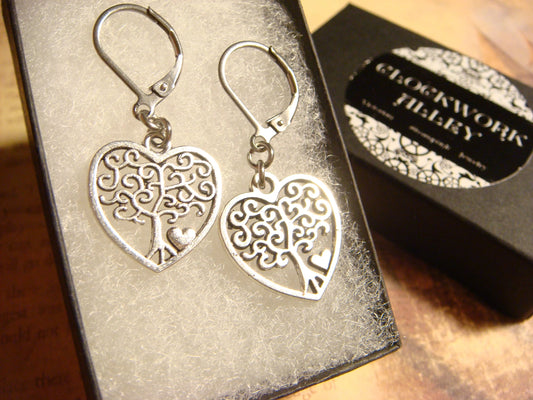 Tree of Life Heart Dangle Earrings in Antique Silver