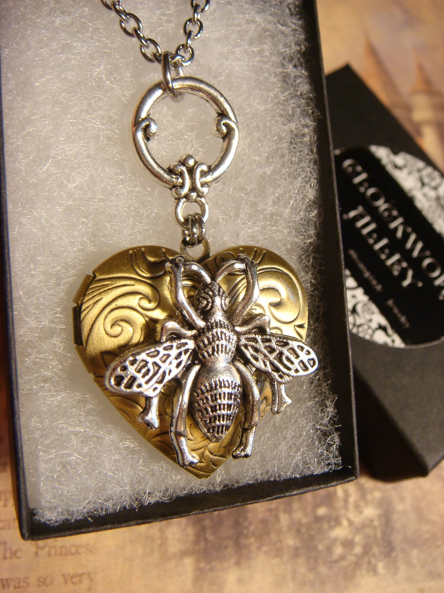 Bee Heart Locket Necklace in Antique Silver and Bronze
