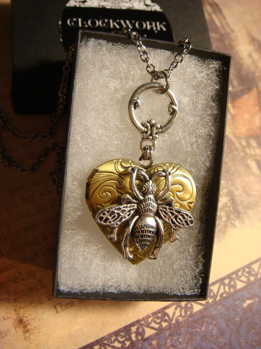 Bee Heart Locket Necklace in Antique Silver and Bronze