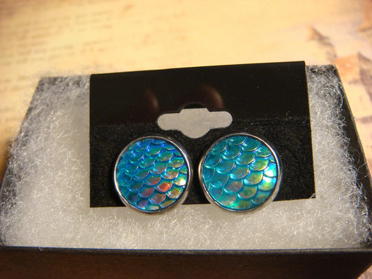 Iridescent Blue Scales Stainless Steel Stud Earrings