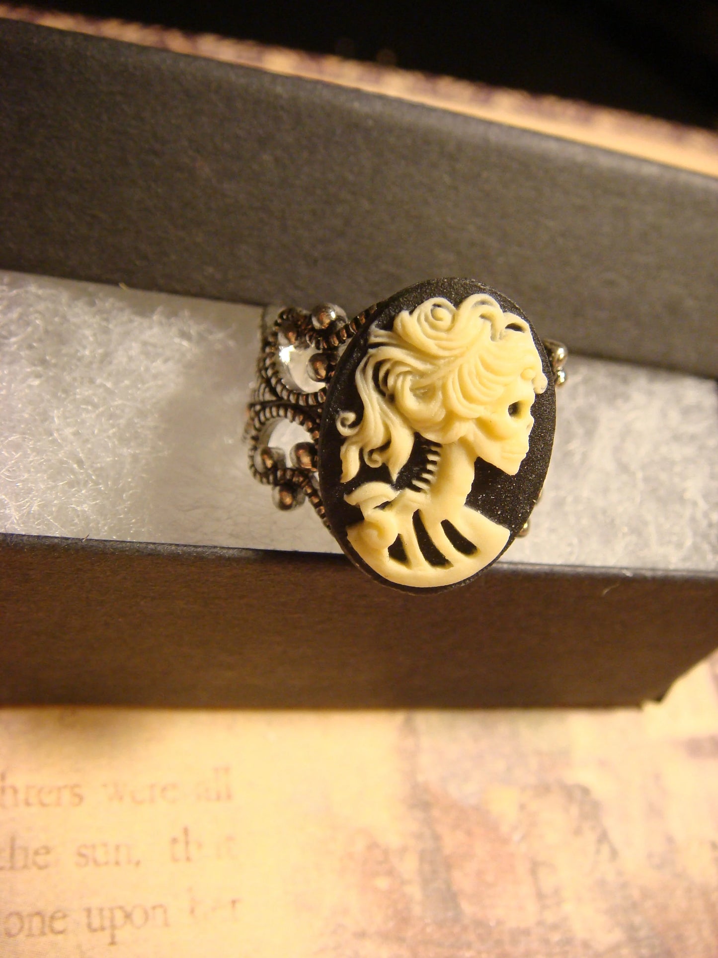 Cameo Skeleton Filigree Ring in Antique Silver - Adjustable