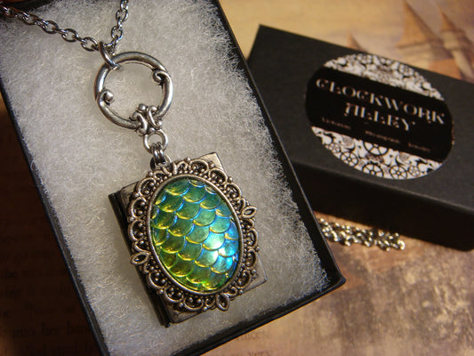 Iridescent Blue Green Scales Ornate Book Locket Necklace
