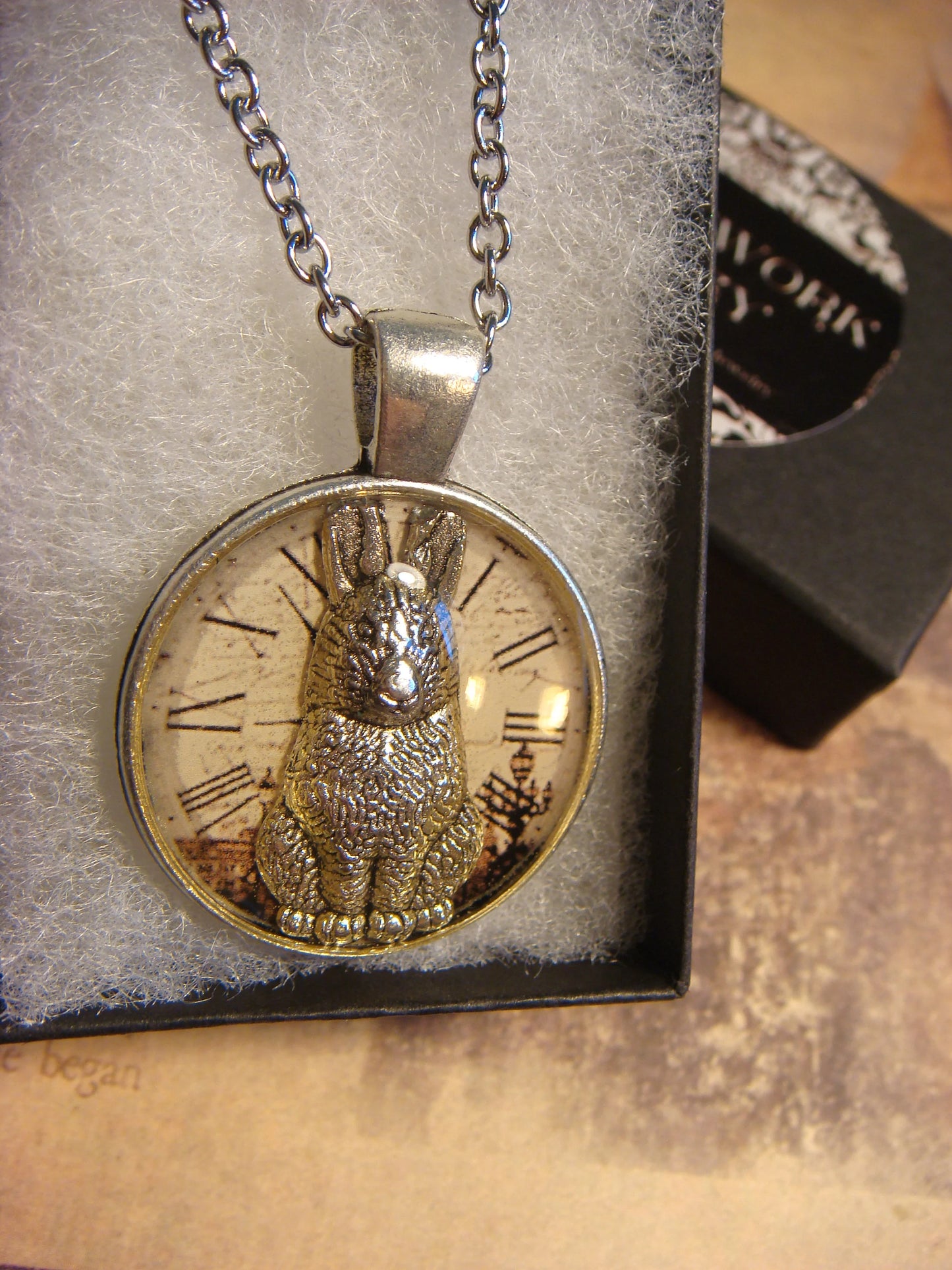 Bunny Rabbit over Victorian Clock Pendant Necklace