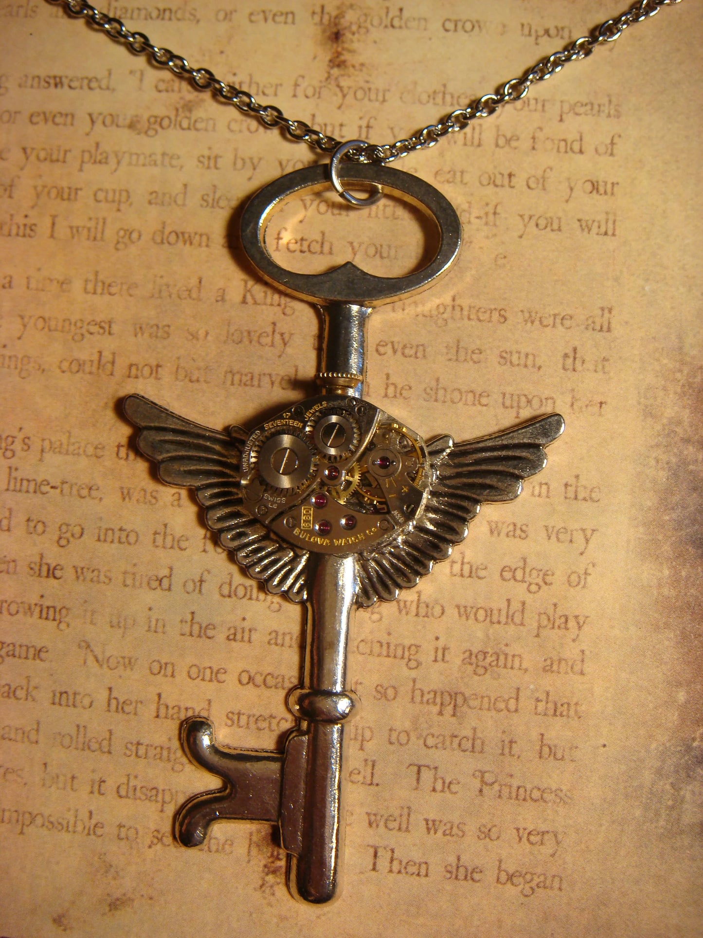 Steampunk Key Wings Watch Movement Necklace with Exposed Gears