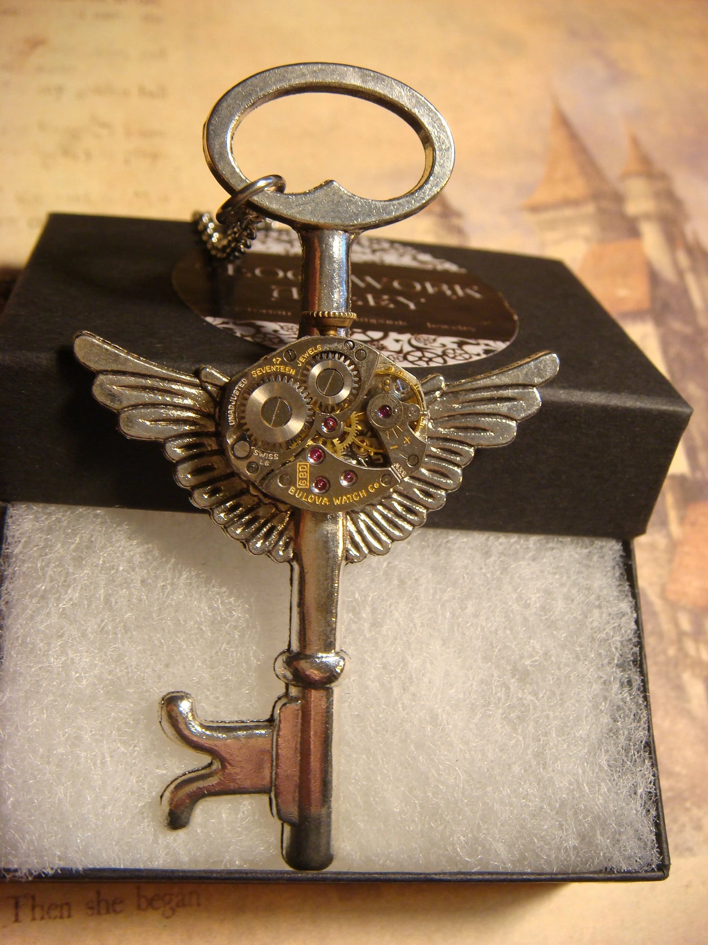 Steampunk Key Wings Watch Movement Necklace with Exposed Gears