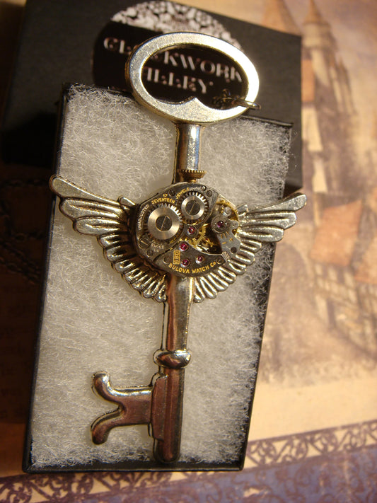 Steampunk Key Wings Watch Movement Necklace with Exposed Gears