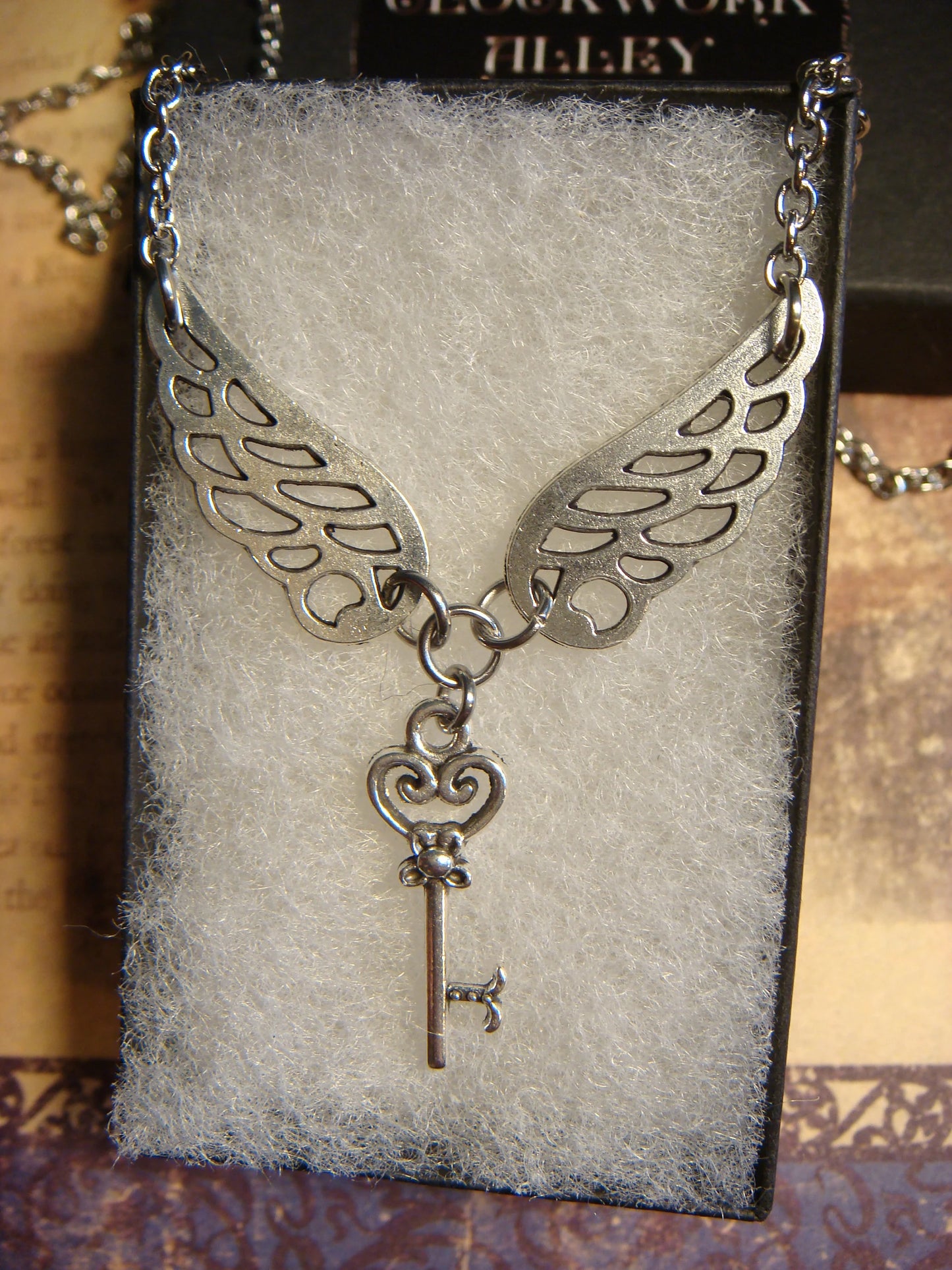Skeleton Key with Wings Necklace in Antique Silver
