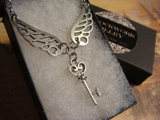 Skeleton Key with Wings Necklace in Antique Silver