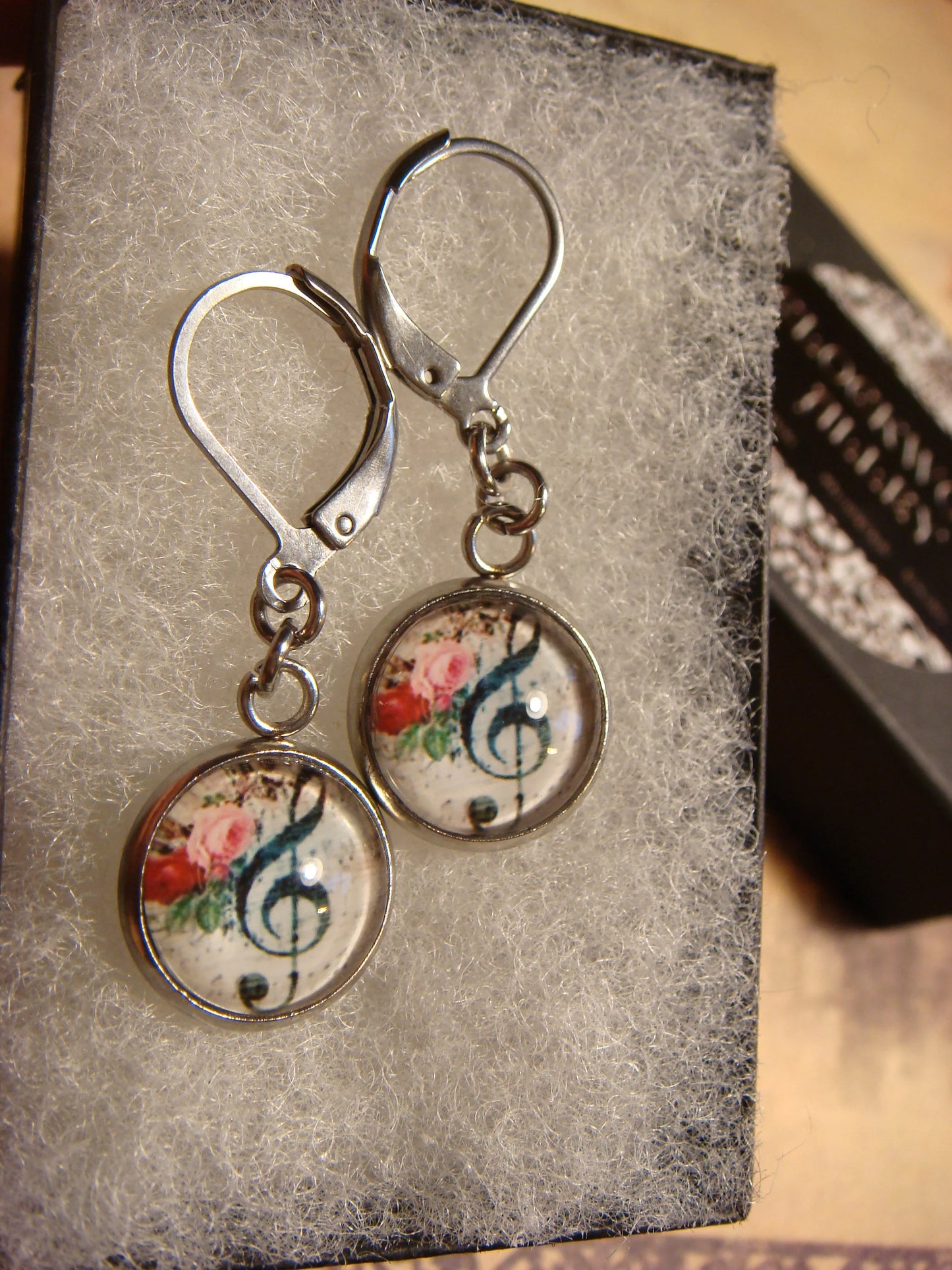 Floral Treble Clef Image Stainless Steel Dangle Earrings