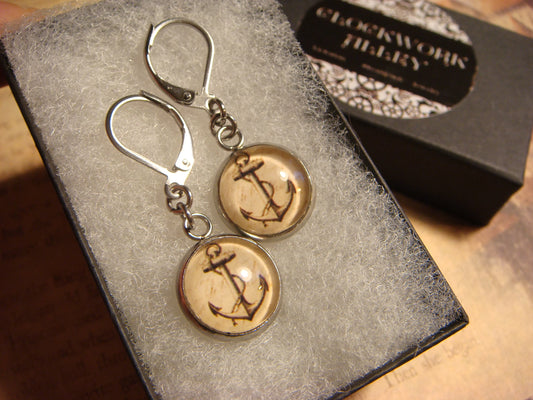 Anchor Image Stainless Steel Dangle Earrings