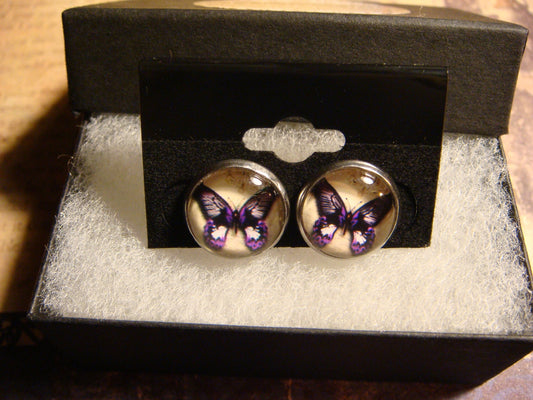 Purple Butterfly Image Stainless Steel Stud Earrings