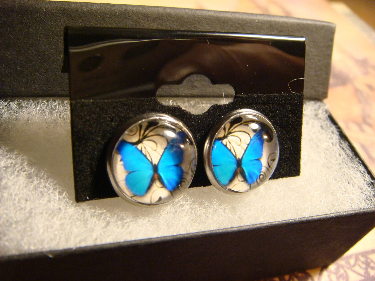Blue Butterfly Image Stainless Steel Stud Earrings
