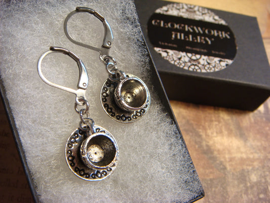 Tea Cup Dangle Earrings in Antique Silver