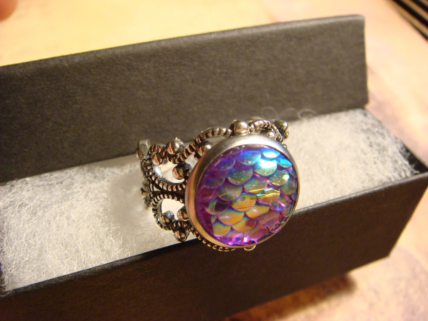 Iridescent Purple Scales Filigree Ring in Antique Silver - Adjustable