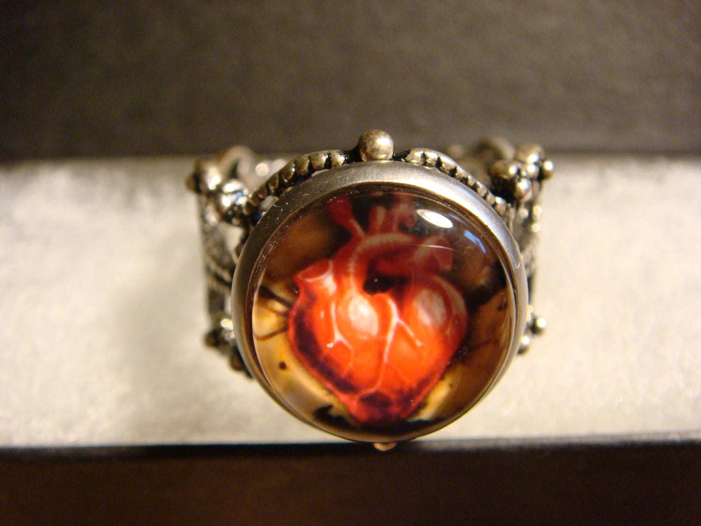 Anatomical Heart Image Filigree Ring in Antique Silver - Adjustable