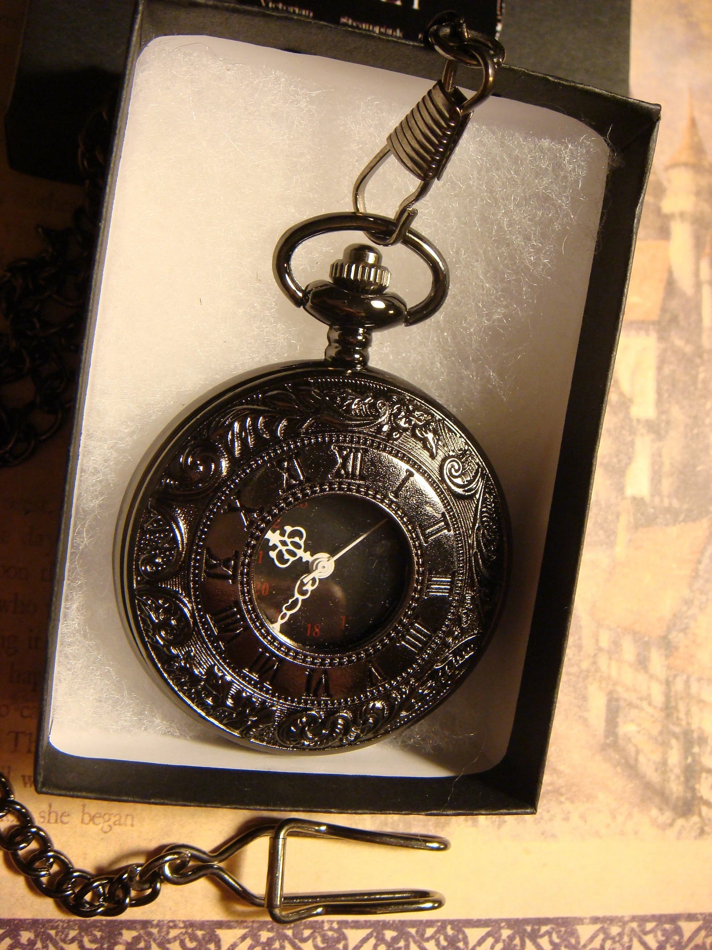 Working Pocket Watch with Fob Chain in Gun Metal
