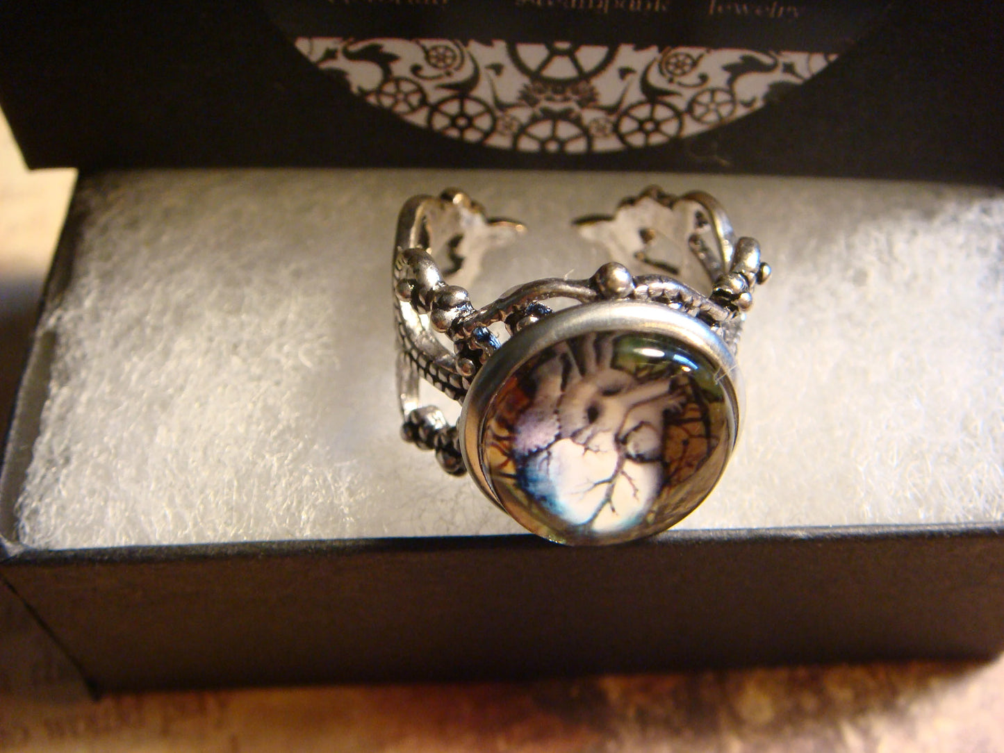 Anatomical Heart Image Filigree Ring in Antique Silver - Adjustable