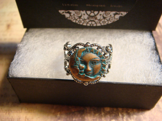 Patina Sun and Moon Filigree Ring in Antique Silver - Adjustable