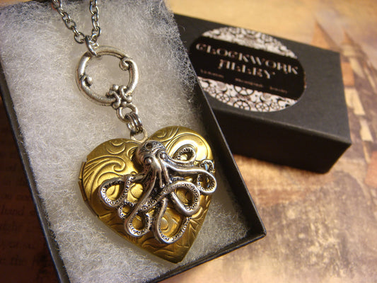 Octopus Heart Locket Necklace in Antique Silver and Bronze