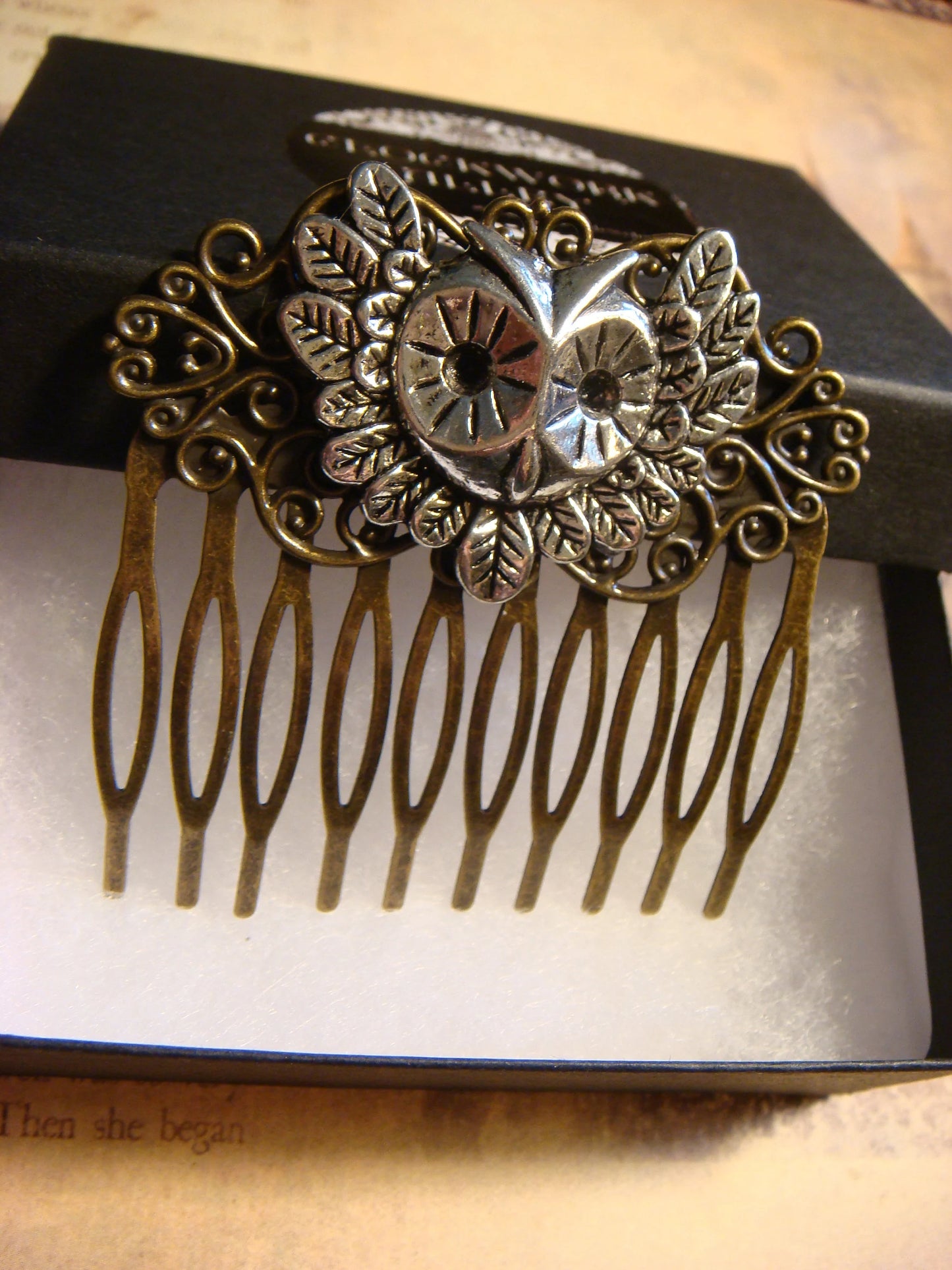 Owl Hair Comb in Antique Bronze