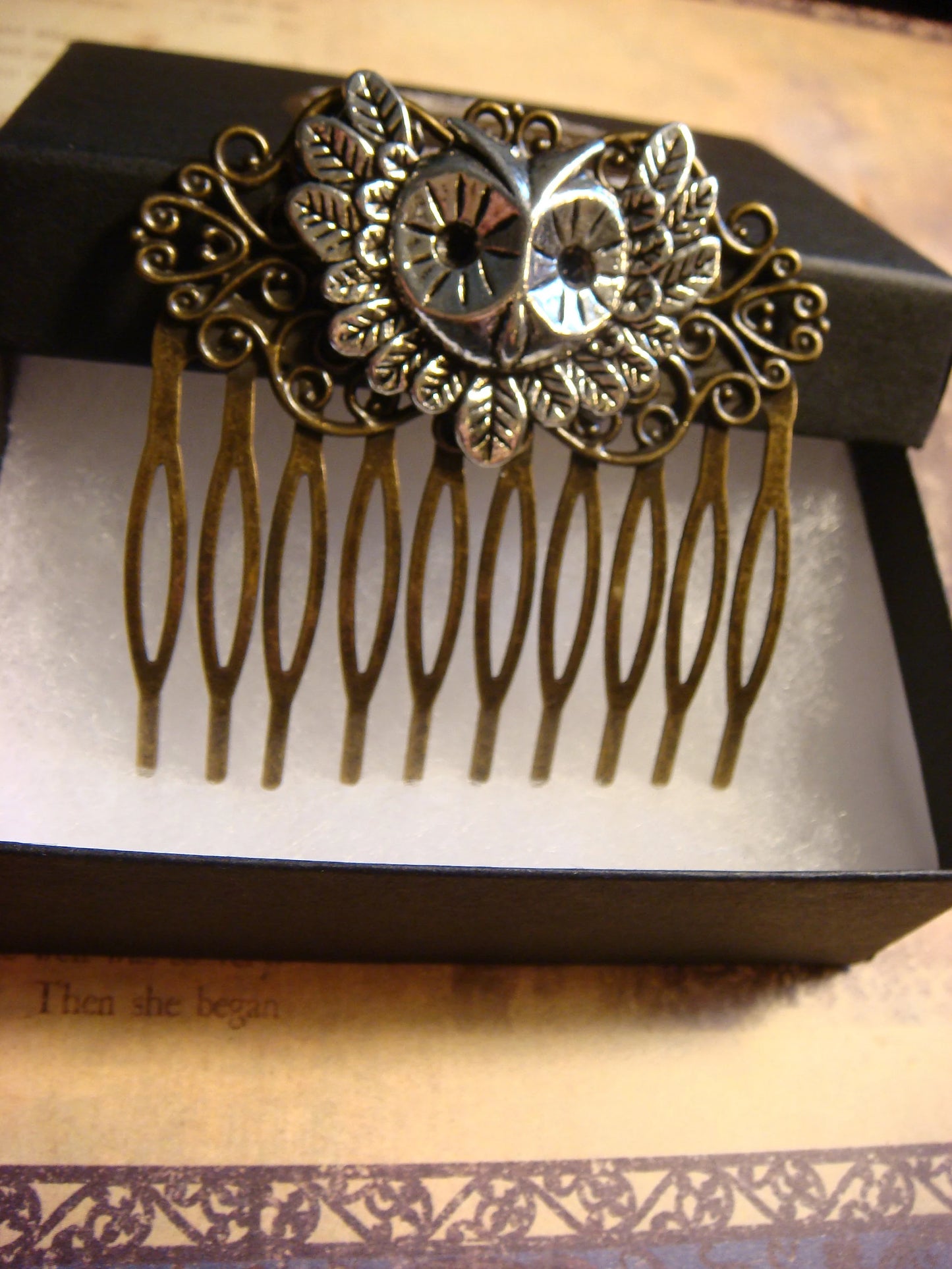 Owl Hair Comb in Antique Bronze