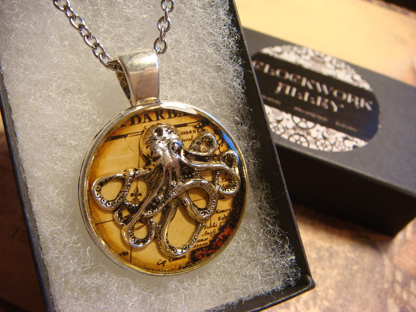 Octopus over Map Pendant Necklace