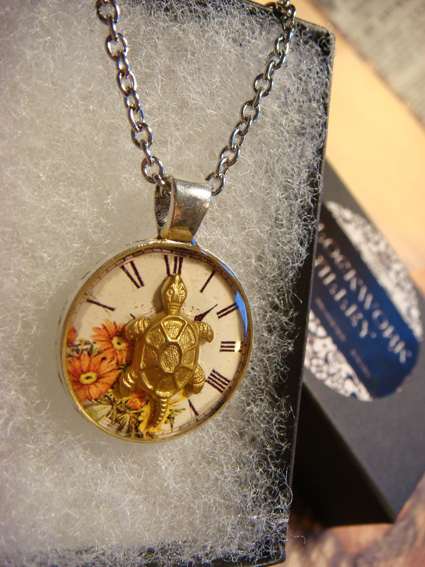 Turtle over Floral Clock Small Pendant Necklace